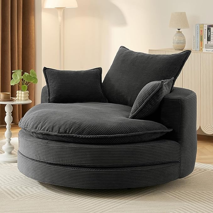360° Swivel Sofa Chair Accent Barrel Chair 57.5 Swivel Round Chair with Dual-Layer Cushion Design and 3 Removable Pillows for Living Room Bedroom Office and Hotel (Black)