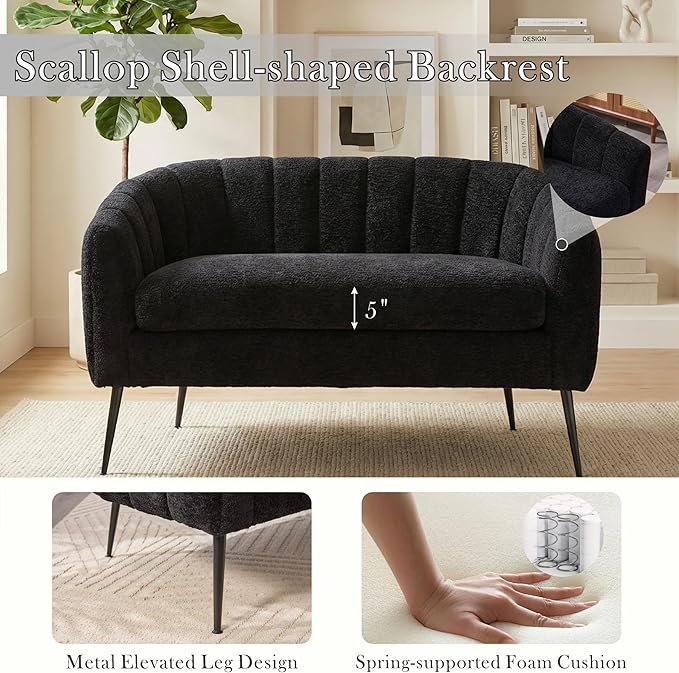 Aoiy &amp Wifon 50.2'' W Upholstered Loveseat Sofa Boucle 2-Seat Settee Loveseat with Metal Legs Upholstered Small Accent Couch for Small Spaces Raindrop Velvet Chenille Fabric Black