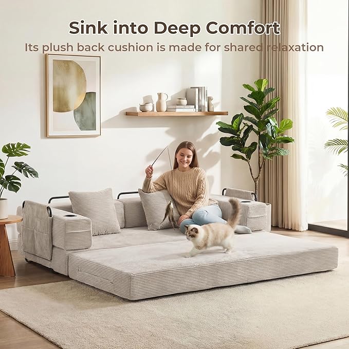 WELAX 72.8 Convertible Sleeper Sofa Bed Boneless Cloud Queen Futon Couches with Cupholders &amp Storage Pockets Corduroy Folding Floor Couch for Bedroom Apartment No Assembly Light Gray