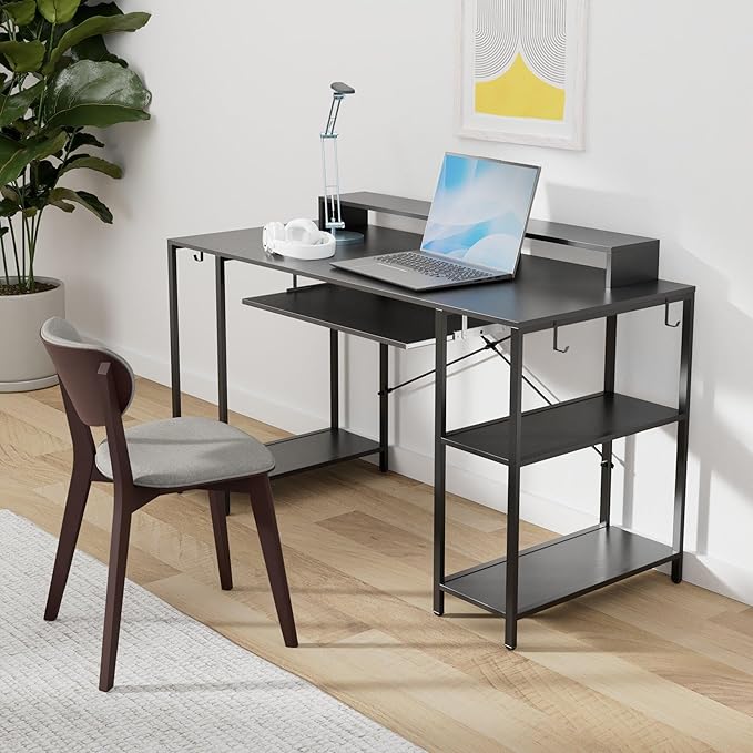 Workstation Desk with Keyboard Tray 55 Inch Computer Desk with Storage Shelves Monitor Stands and 4 Iron Hooks Industrial Desk for Home Office