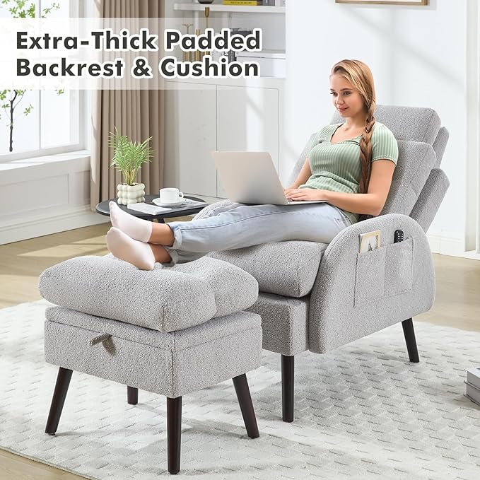 Accent Chair with Ottoman Set Comfy Teddy Reading Chair and Ottoman Modern Oversized Lounge Armchair with Adjustable Backrest for Living Room Bedroom Light Grey