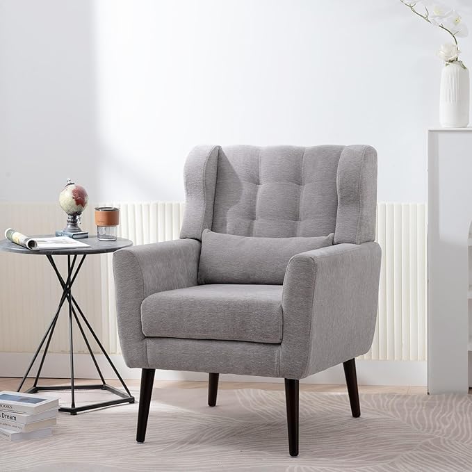 KEIKI Modern Accent Chair Chenille Armchair with Pillow Upholstered Arm Chairs with Solid Wood Legs Soft Padded Lounge Chair Mid Century Reading Chair for Living Room Bedroom Gray