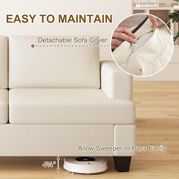 Furnimart 85 inch Deep Seat Sofa Modern 3 Seater Couch Beige Linen Sofa Comfy Cloud Couch for Living Room Cozy Fluffy Sofas with Removable Sofa Cover Small Couches for Small Spaces