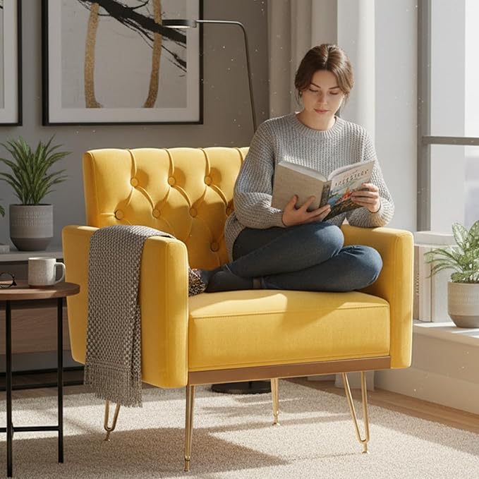 KEIKI Small Velvet Accent Chair 31 Inch Modern Tufted Upholstered Armchair with Metal Leg Comfortable Single Sofa Side Reading Chairs Comfy Arm Chair for Bedroom Living Room Easy Assembly Yellow