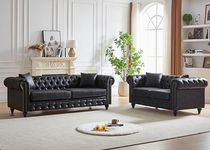 Mid Century Modern Loveseat Sofa 63.5W High-tech Fabric Button Tufted Small Couch with Nailhead Trim &amp Roll Armrest Upholstered Comfy Chesterfield Sofa for Living Room Office(2 Seater Black)