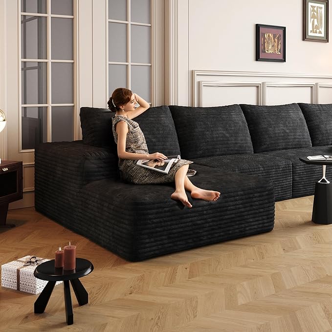 135 Oversized Compressed Sectional Sofa - 33D High-Density Foam Cloud Couch with Deep Seat - Minimalist 3-Piece Corduroy Upholstered Boneless Modular Lounge Couch | Breathable material Full Foam An