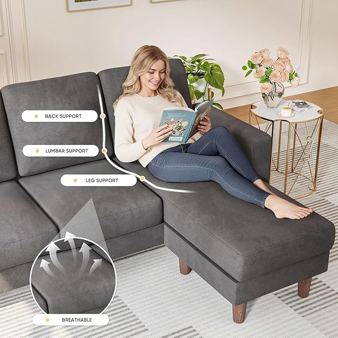 Homall Convertible Sectional Sofa 3 Seat L Shaped Couch with Side Storage Pocket Sofas with Movable Ottoman Small Linen Couches for Living Room &amp Apartment (Linen Fabric Dark Grey)