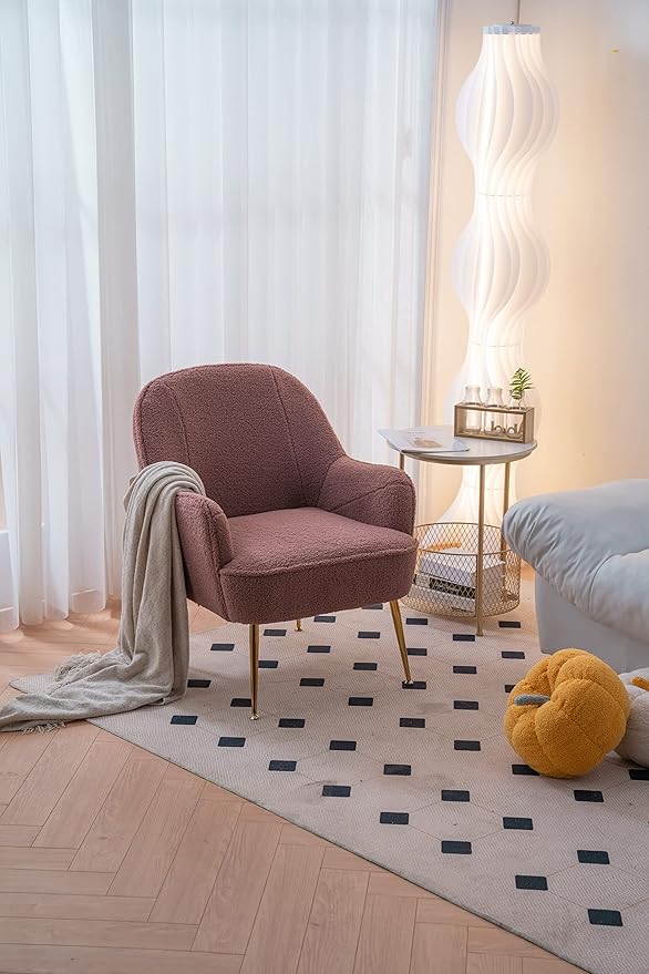 Modern Soft Teddy Fabric Red Ergonomics Accent Chair Living Room Chair Bedroom Chair Home Chair with Gold Legs and Adjustable Legs for Indoor Home