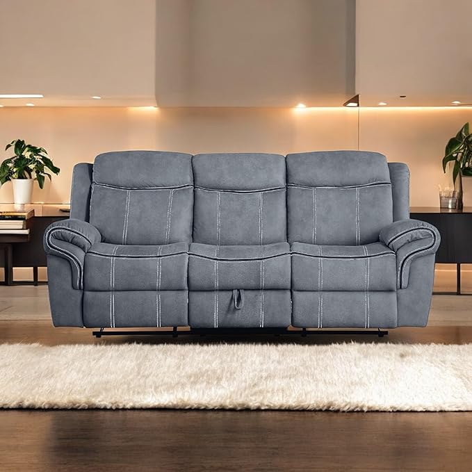 Acme Furniture Zubaida 41 x 87 Modern Velvet Reclining Sofa with USB Dock 1 Storage Drawer Tight Back &amp Seat Cushion in 2-Tone Gray Finish