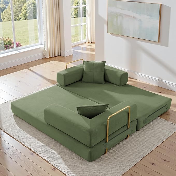 Folding Sofa Bed Convertible Sleeper Sofa Bed with Gold Fixed-Shape Frame Corduroy Floor Couch Lazy Compression Sofa for Living Room Bedroom Home Theater Green