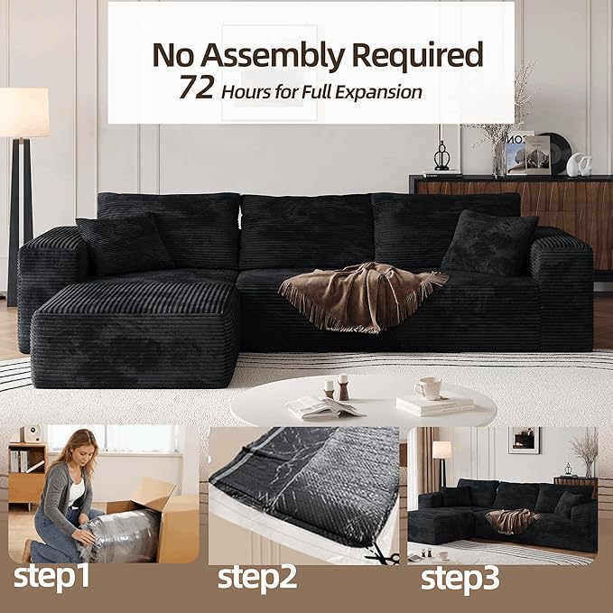 Boneless Sectional Couch Black L Shape Sofa Ottoman with Recliner Bed Memory Foam Modular Cloud No Bones in a Box Boundless Comfort for Living Room Compression Corduroy Fabric Deep Seat Easy Assembly