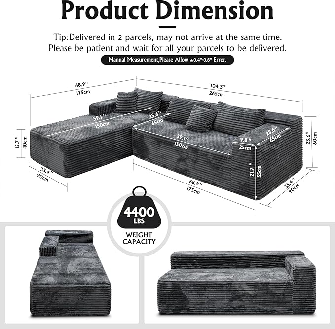 Boneless Modular Sectional Sofa Cloud Couch with Left Facing Chaise Oversized Deep Seat L-Shaped Soft Corduroy Fabric Sectional Couch for Living Room -Grey
