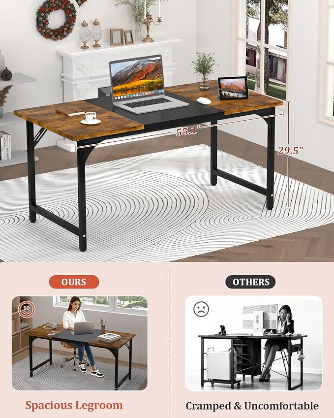 Computer Desk 55.1 Office Desk Extra Wide 23.62” Carbon Fiber Deep Desktop 0.59” Thick Heavy-Duty Home Office Desks Office Table with Steel Frame Wood Desk for Bedroom Study Writing Gaming Work