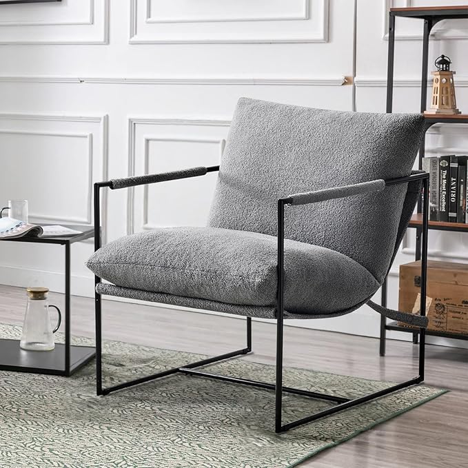 Furniliving Sling Accent Chair with Metal Frame Comfortable Boucle Fabric Arm Chair Upholstered Cozy Reading Chair for Living Room Bedroom Dressing Room Home Office Grey