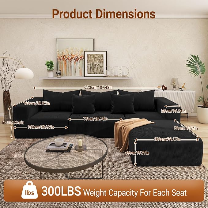 Cloud Modular Sectional Sofa for Living Room L Shaped Sectional Couch with Deep Seat Corduroy Boneless Couch with Ottoman 3-Seater Sleep Bed Black