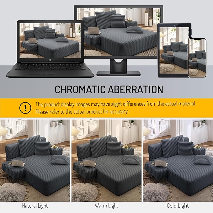 70W Oversized Chaise Lounge Chair Indoor with Adjustable Backrest &amp Storage 2 in 1 Convertible Sleeper Sofa Bed Compression Foam Boneless Couch for Living Room Bedroom Plush Corduroy Dark Grey
