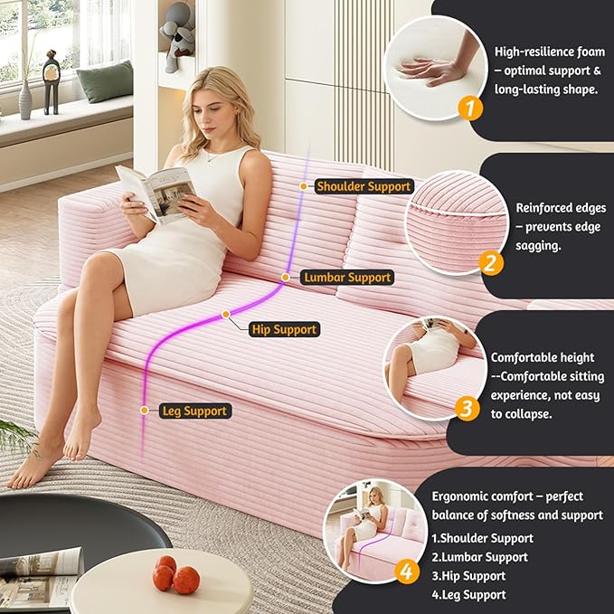 78.7 Convertible Sleeper Sofa Bed with 2 Soft Pillows 2-in-1 Fold Out Couch Upholstered in Luxurious Plush Corduroy Fabric Deep Seat Couch for Living Room Bedroom Guest Room Pink
