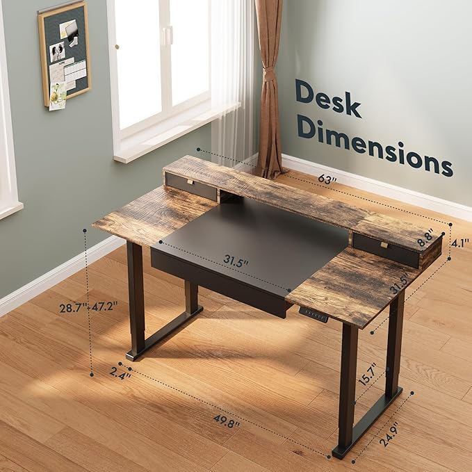 SANODESK Electric Standing Desk with Drawers 63 x 32 inch Height Adjustable Computer Desk Home Office Stand Up Desk with 3 Preset Heights Black