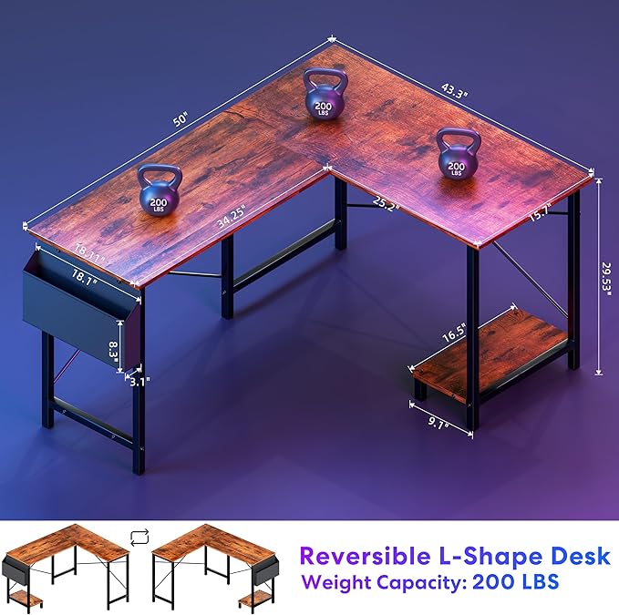 YSSOA 50 L Shaped Gaming Desk with Reversible Corner - Home Office Computer Desk with Wood Top Metal Frame CPU Stand &amp Storage Bag for Small Space Gaming Room Rust