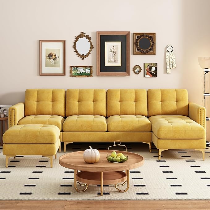 P PURLOVE Velvet Modern Large Sectional Sofa U Shape Upholstered Couch with Chaise Convertible Sofa Couch with Movable Ottoman for Living Room Apartment (Yellow)