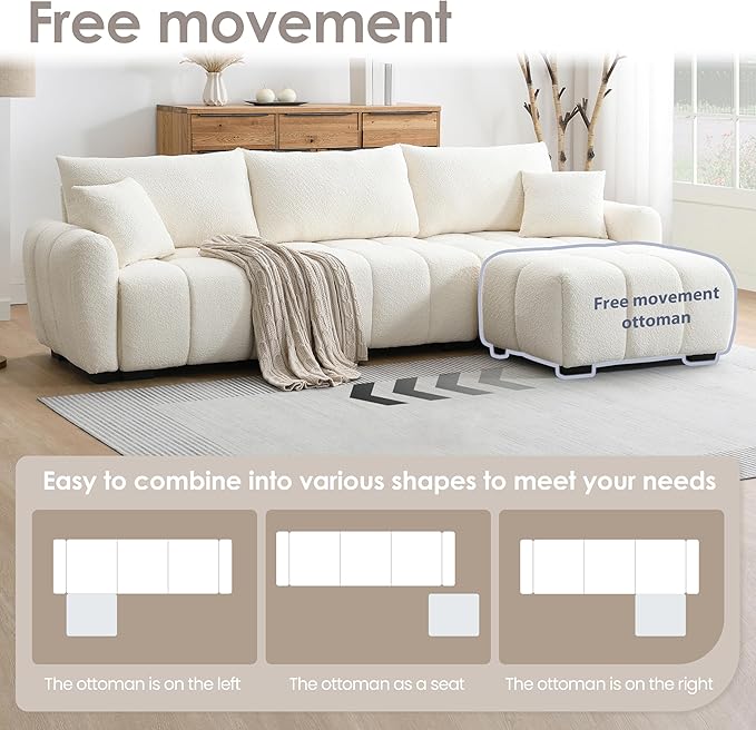 110 Modular Sectional Sofa L Shape with Extra-Large Seat Pull-line Design Movable Ottoman High Density Foam Free Combination Sturdy Metal&ampWood Frame Boucle Fabric (Cream)