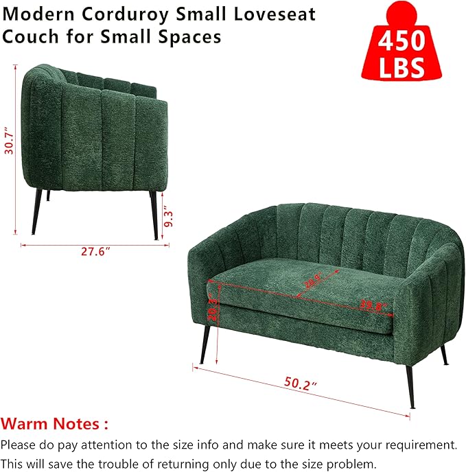 50.2 Small Sofa Couch for Small SpacesModern Chenille Loveseat CouchesOval 2 Seater Sofas Love Seat with Black Metal Legs for ApartmentBedroomRV (Green with Metal Legs 50.2)