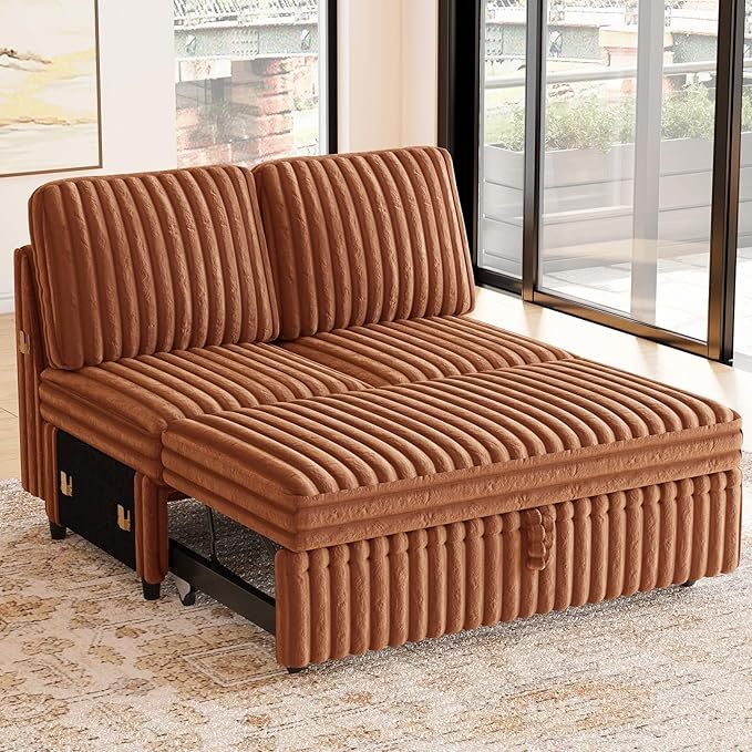 Belffin Corduroy Sleeper Sofa with Pull Out Bed Module Loveseat with Pullout Bed for Sectional Sofa Couch Brick Red Couch