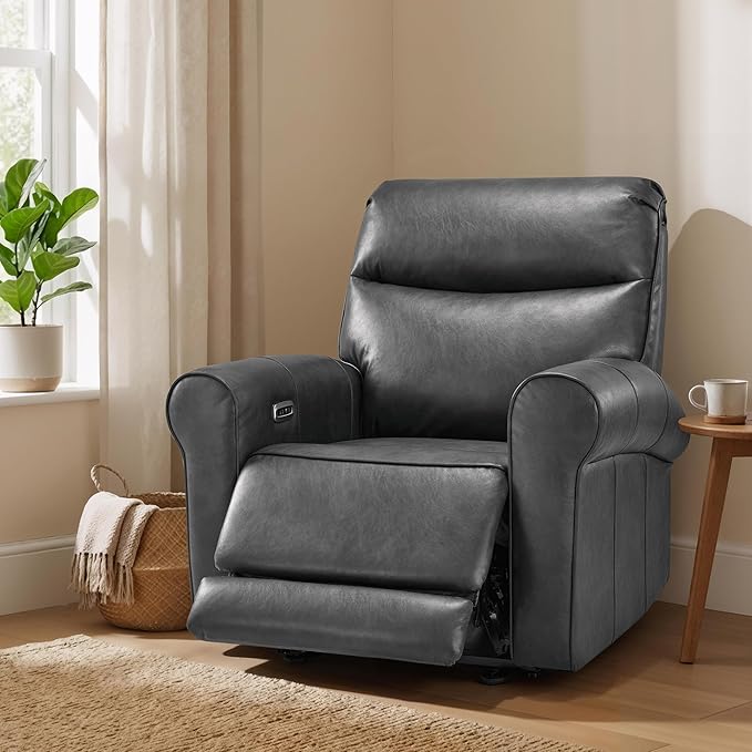 MCombo Power Wall Hugger Recliner Chair for Small Space RV Living Room USB &amp USB-C Charging Ports Modern Rolled Arm Recliner Faux Leather PR630 (Dark Grey Medium)