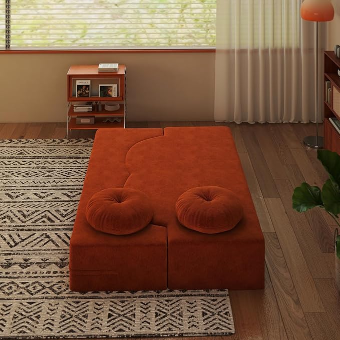 2-in-1 Convertible Sofa Bed 78.7 Memory Foam Boneless Couch Bed Full Size Love Seat Sleeper Sofa Floor Couch Loveseat w/ 2 Pillows for Living Room Bedroom Apartment Office No Assembly Orange