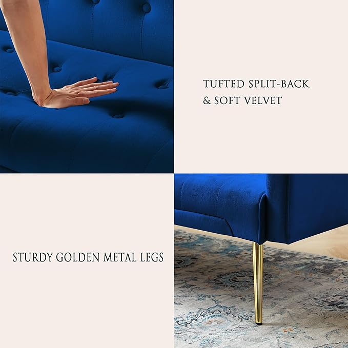 Anwick Modern Velvet Futon Sofa Bed: 72 Satin Convertible 2 Pillows Tufted Back Golden Metal Legs Folding Sleeper Loveseat for Small Space Home Office Living Room (Blue)