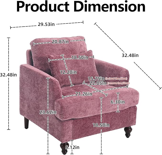 Oversized Accent Chair with Lumbar Pillow Upholstered Side Chairs for Living Room Bedroom Comfy Reading Chairs for Adults with Wide Seat Thick Cushion Soft Chenille (Wine Red)
