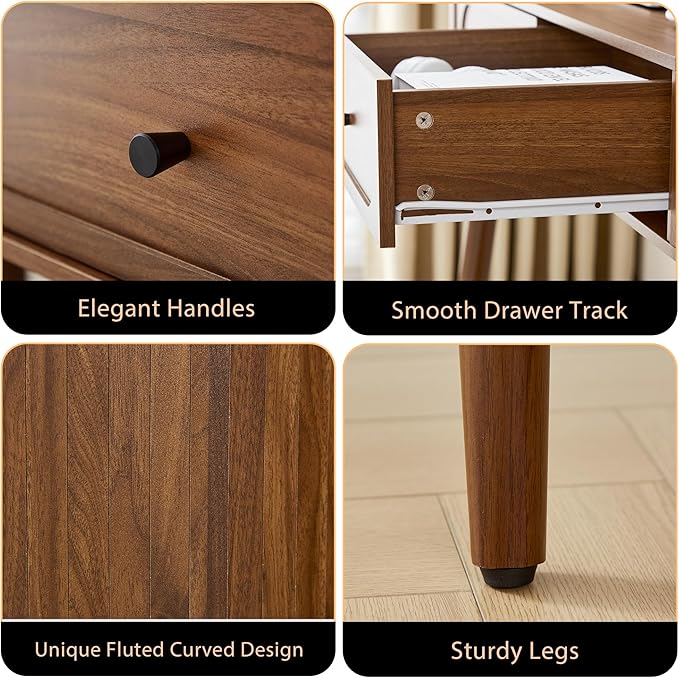 Mid-Century 59 Wood Writing Desk Home Office Computer Laptop Desk with 2 Flip Storage Space + 2 Drawer 150 CM Elegant Fluted Vanity Table Multifunctional Study Desk for Office Bedroom (Wlanut)
