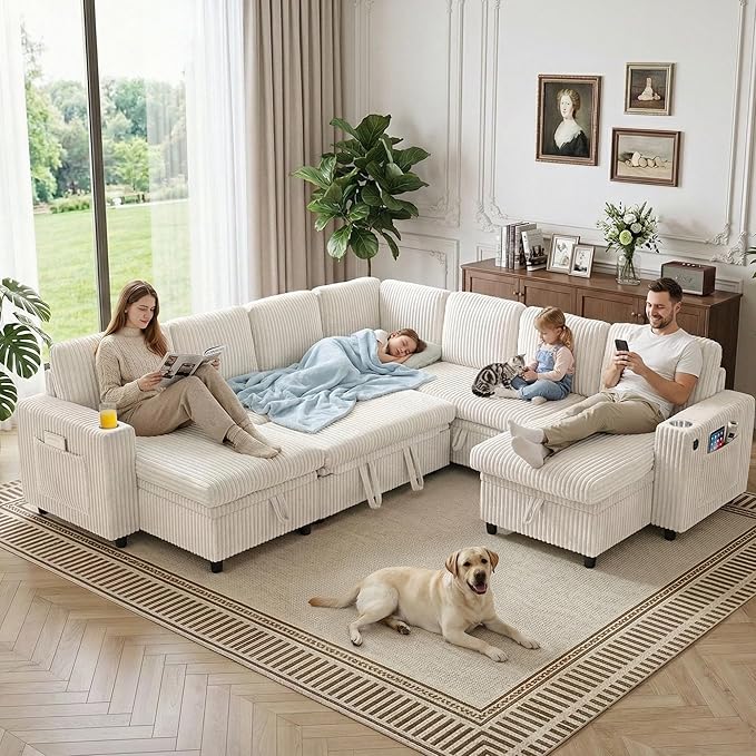 Modular Sectional Sleeper Sofa with Pull Out Bed Plush Corduroy L Shaped Couch with Storage Chaise USB Ports Cup Holders Comfy Cloud Couches for Living Room White