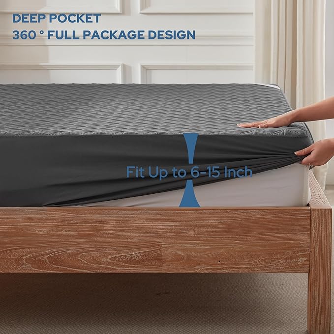 BEDLORE Waterproof Mattress Protector Noiseless Full Size Mattress Pad with Deep Pocket Fitted Up to 6-15 Soft Dirt-Proof Double Mattress Cover for College Dorm(Gray)