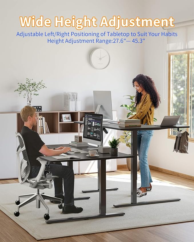 YIHAYO Reversiable L-Shaped Electric Standing Desk 55 Inches Adjustable Height Corner Desk Sit and Stand Up for Work Office Home Computer Table with Splice Board Black