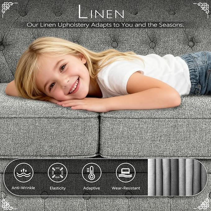 Dreamzie 89 Chesterfield Sofa Couch 3-Seater Linen Vintage Couch Mid Century Modern Sofa with Rolled Arm for Living Room Office Light Gray