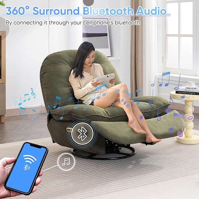 Smart Oversized Electric Recliner Chair 360° Round Swivel Rocking Glider Rocker for Adults Modern Comfy Ergonomic Chaise Lounge Indoor Theater Seating Living Room Reading Emerald Green Fabric
