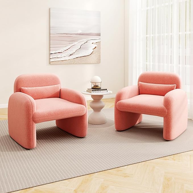 Giantex Modern Accent Chair for Living Room Sherpa Fabric Upholstered Armchair w/Waist Pillow Comfy Reading Chair w/Armrests Small Single Sofa for Bedroom Reception Apartment Office Pink