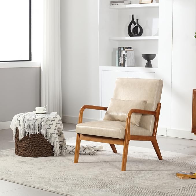 Modern Accent Chair Solid Wood Padding Lounge Armchairs with One Pillow for Living Room Bedroom Guest Room (Khaki PU)