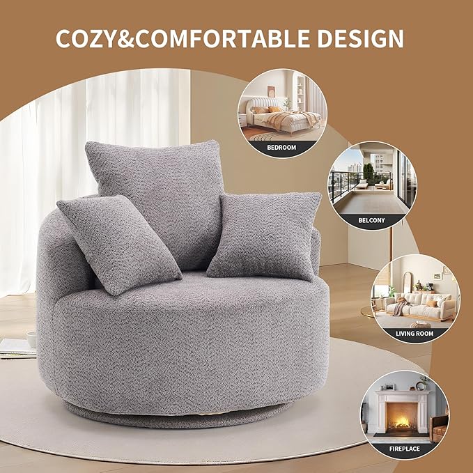 40” Grey Round Swivel Chair with 3 Pillows &amp Thick Cushion Oversized 360° Swivel Accent Chair Modern Boucle Armchair for Nursery Living Room Bedroom Club