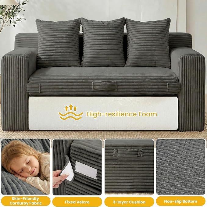 Boneless Couch Sleeper Sofa Bed: 3-in-1 Convertible Sofa Bed with Side Pockets &amp HandlePull Out Couch with 3 PillowsFolding Futon for Small SpaceLiving Room &amp Bedroom