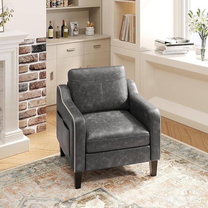PU Leather Accent Chair Set of 2 Mid-Century Modern Living Room Armchair Sofa with Removable Cushions Solid Wood Frame &amp Stitched Armrest Design Bedroom Chair with Plastic Legs Black