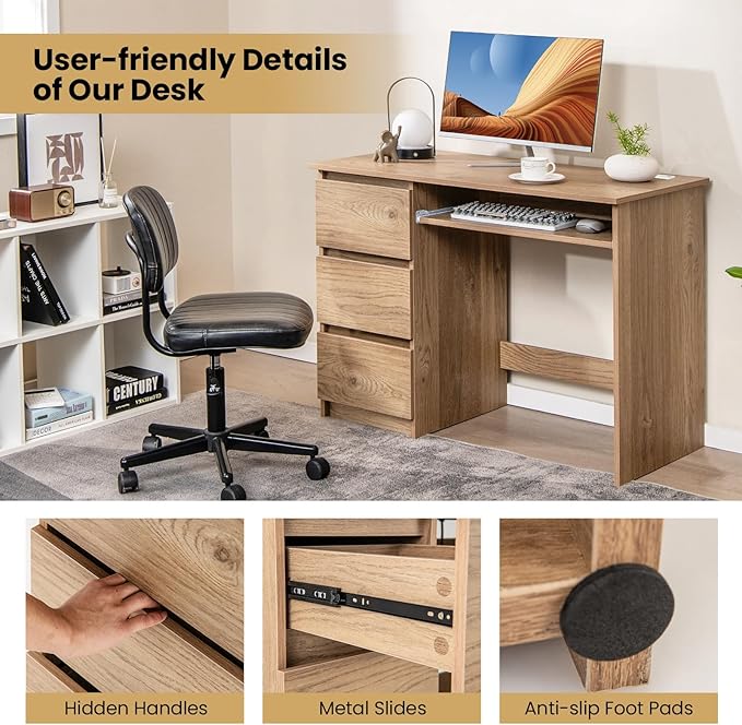 Nightcore 42” Computer Desk with Power Outlets Writing Desk with 3 Storage Drawer &amp Keyboard Modern PC Workstation Study Desk for Bedroom Home Office (Natural)