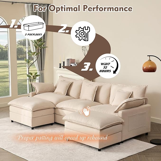 108 U Shaped Couch Modular Sectional Sofa 3-Seater Comfy Cloud Couch Set of Modular Pieces with Movable Ottoman Deep Seat Couches for Living Room Linen Beige