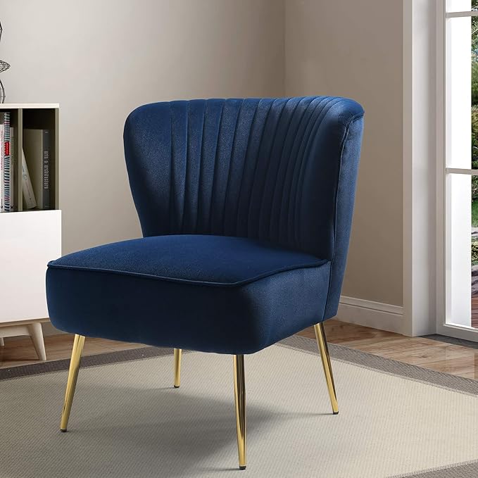 Tina's Home Velvet Armless Accent Chair Upholstered Modern Small Side Chair with Golden Legs Comfy Cute Wingback Slipper Chair for Living Room Study Beauty Room Thickly Padded(Navy)