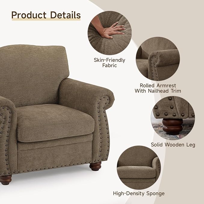 ONBRILL Nailhead Trim Armchair Rolled Arm Accent Chair for Living Room Comfy Chenille Club Sofa Chair w/Springs Cushions &amp Wood Legs Traditional Single Couch Chair for Apartment Farmhouse Bro