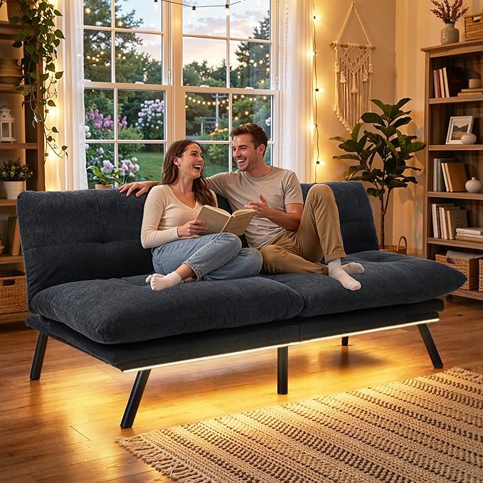 YITAHOME Convertible Futon Sofa Bed with Adjustable 3 Color Light Strip 70 Folding Futon Set for Living Room Home Office Aprtment Modern Futon Couch with Adjustable Backrest &amp Armrests Black