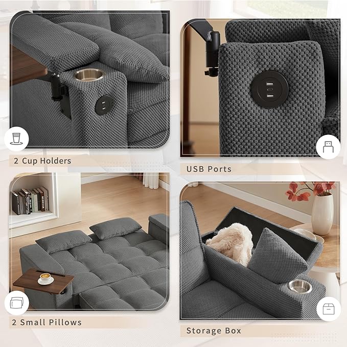 65'' 3-in-1 Folding Convertible Sofa Bed Queen Size Pullout Sofa Modern Chenille Fabric 360° Swivel Side Table Easy Assembly Perfect for Living Room