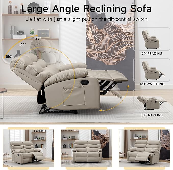 Reclining Loveseat Anti-Scratch Leather Double Recliner Sofa with Side Pocket Wall Hugger Loveseat Recliner for Living Room RV Home Theater(Beige)