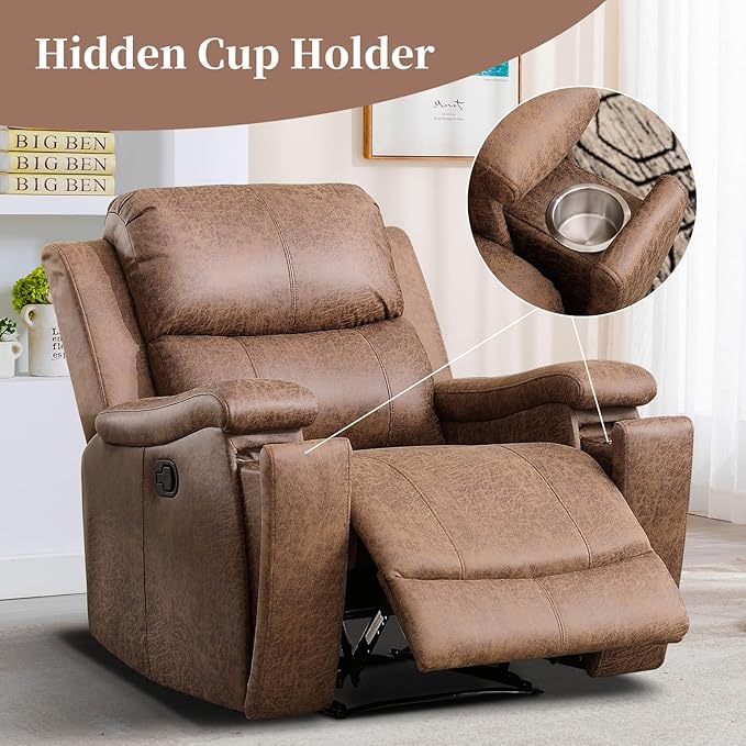 EBELLO Recliner Chair Single Overstuffed Sofa Recliner Breathable Faux Leather Manual Reclining Chairs with Hidden Cup Holder Arm and Back for Adults Living Room Bedroom Light Brown